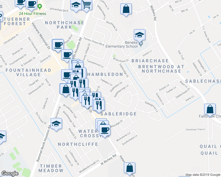 map of restaurants, bars, coffee shops, grocery stores, and more near 13727 Stabledon Drive in Houston