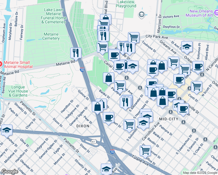 map of restaurants, bars, coffee shops, grocery stores, and more near 4738 Palmyra Street in New Orleans