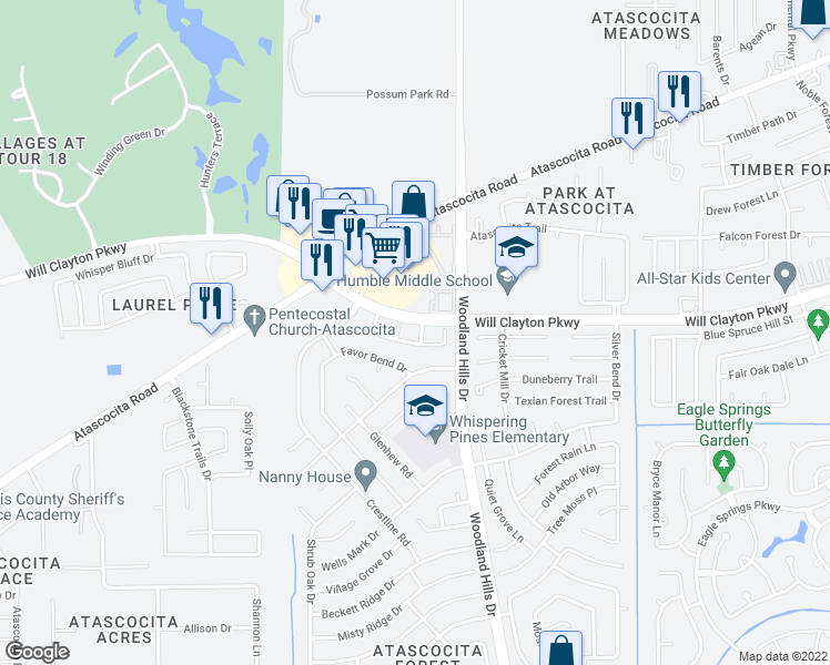 map of restaurants, bars, coffee shops, grocery stores, and more near 17807 South Mistylace Drive in Humble