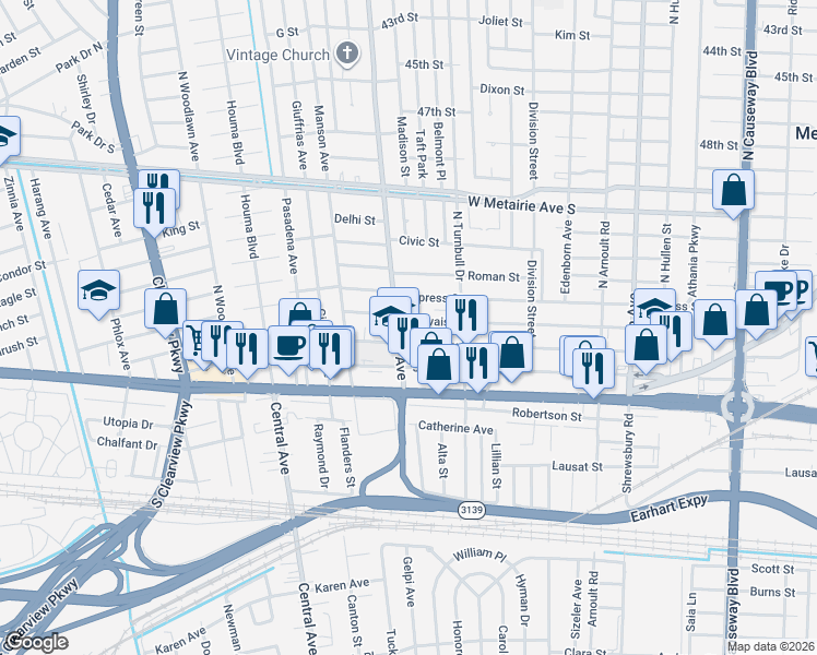 map of restaurants, bars, coffee shops, grocery stores, and more near 3834 Bauvais Street in Metairie