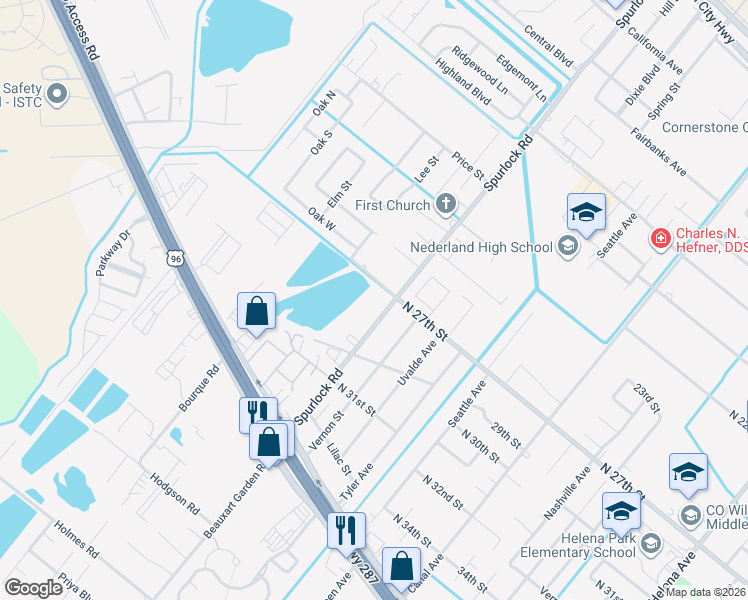map of restaurants, bars, coffee shops, grocery stores, and more near 2740 Spurlock Road in Nederland