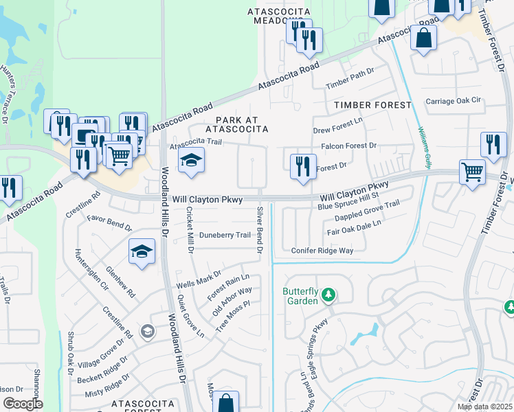 map of restaurants, bars, coffee shops, grocery stores, and more near 4243 Leafy Bough Court in Atascocita