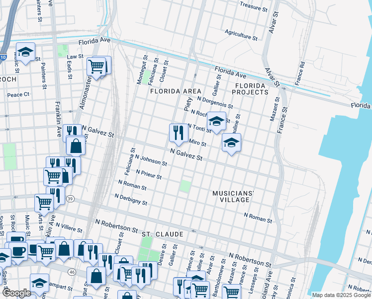 map of restaurants, bars, coffee shops, grocery stores, and more near 2114 Desire Street in New Orleans