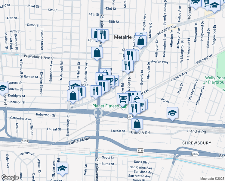 map of restaurants, bars, coffee shops, grocery stores, and more near 3006 Metairie Road in Metairie