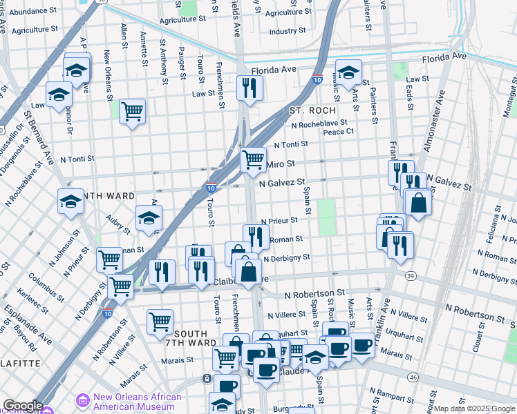 map of restaurants, bars, coffee shops, grocery stores, and more near 1935 Elysian Fields Avenue in New Orleans