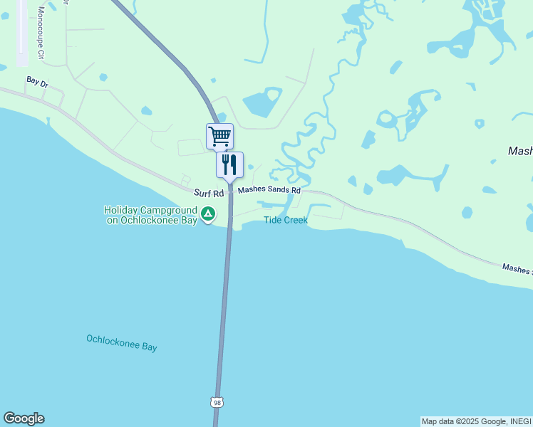 map of restaurants, bars, coffee shops, grocery stores, and more near 19F8 Mashes Sands Road in Panacea