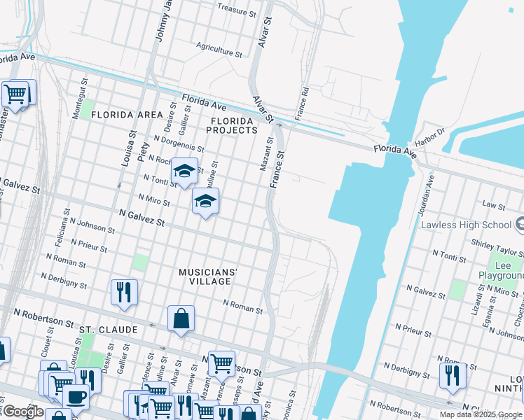 map of restaurants, bars, coffee shops, grocery stores, and more near 4138 North Tonti Street in New Orleans