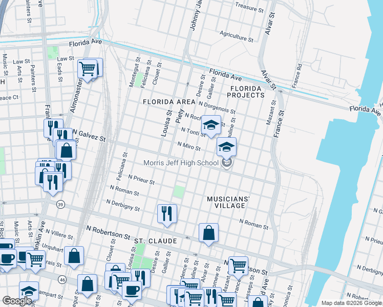 map of restaurants, bars, coffee shops, grocery stores, and more near 2131 Gallier Street in New Orleans