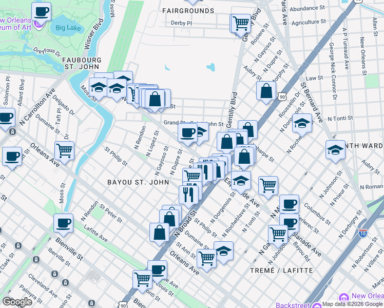map of restaurants, bars, coffee shops, grocery stores, and more near 1928 Esplanade Avenue in New Orleans