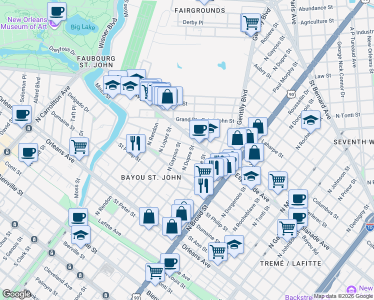 map of restaurants, bars, coffee shops, grocery stores, and more near 1218 North Gayoso Street in New Orleans