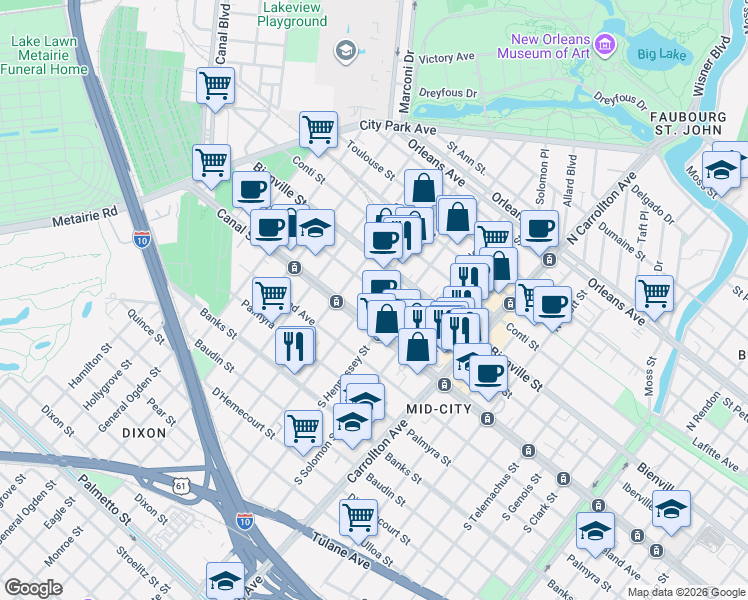 map of restaurants, bars, coffee shops, grocery stores, and more near 128 North Alexander Street in New Orleans
