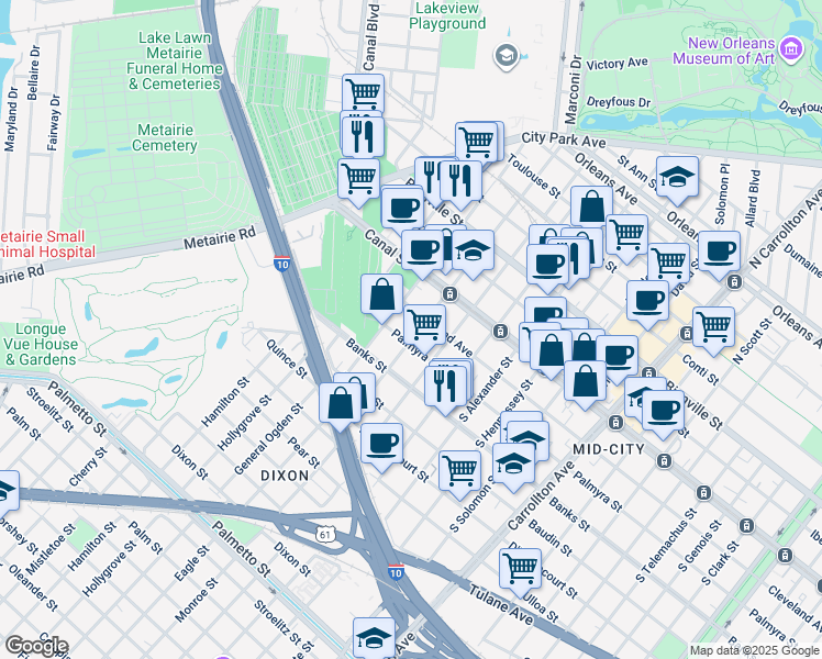 map of restaurants, bars, coffee shops, grocery stores, and more near 211 South Saint Patrick Street in New Orleans