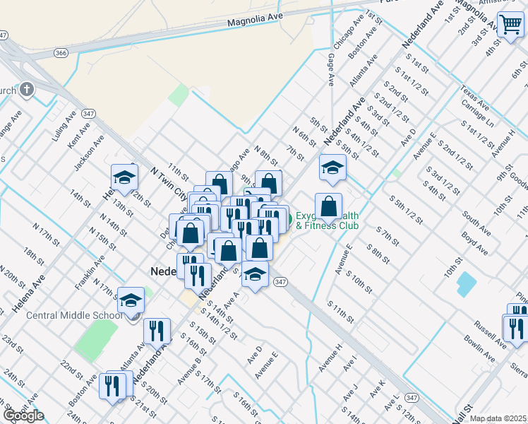 map of restaurants, bars, coffee shops, grocery stores, and more near 922 Nederland Avenue in Nederland