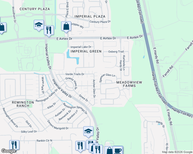 map of restaurants, bars, coffee shops, grocery stores, and more near 19631 Kingston Green Lane in Houston
