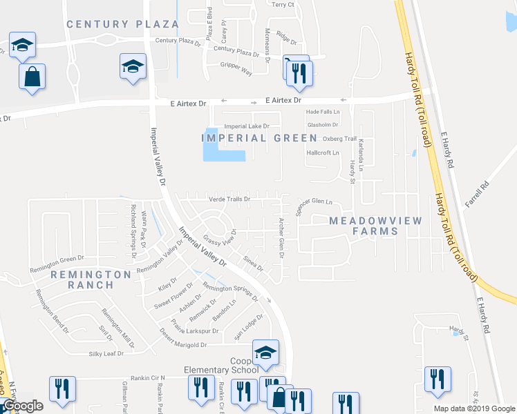 map of restaurants, bars, coffee shops, grocery stores, and more near 1128 Verde Trails Drive in Houston