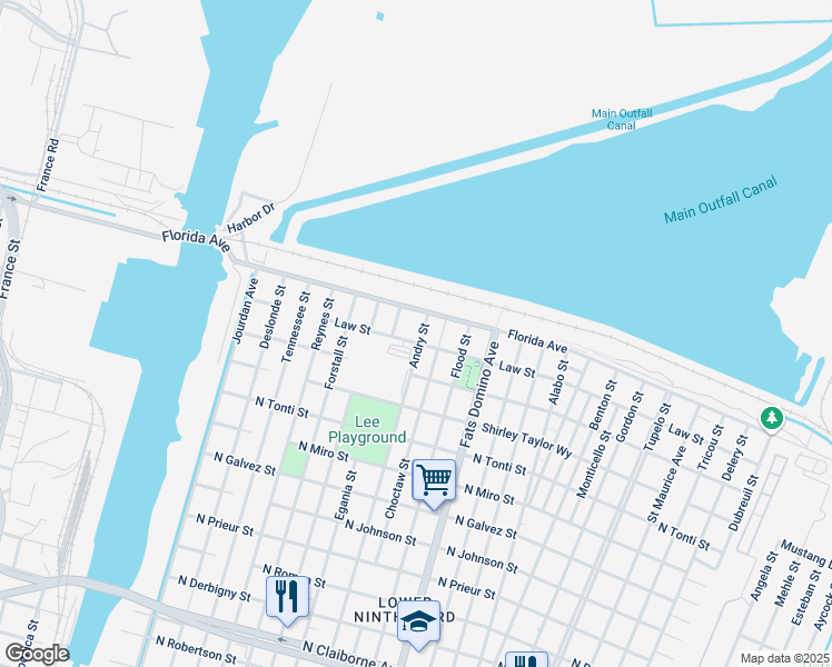 map of restaurants, bars, coffee shops, grocery stores, and more near 2610 Andry Street in New Orleans