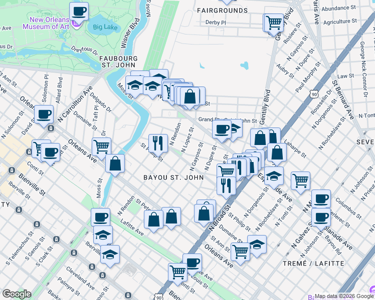 map of restaurants, bars, coffee shops, grocery stores, and more near 1208 North Lopez Street in New Orleans