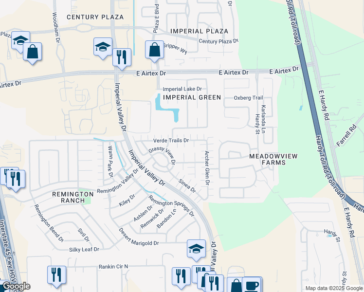 map of restaurants, bars, coffee shops, grocery stores, and more near 1128 Verde Trails Drive in Houston