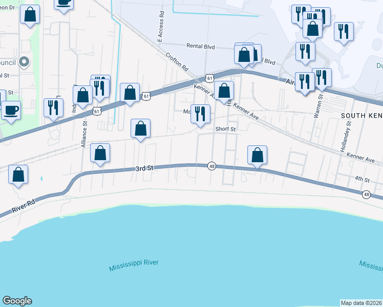 map of restaurants, bars, coffee shops, grocery stores, and more near 323 Pollock Place in Kenner