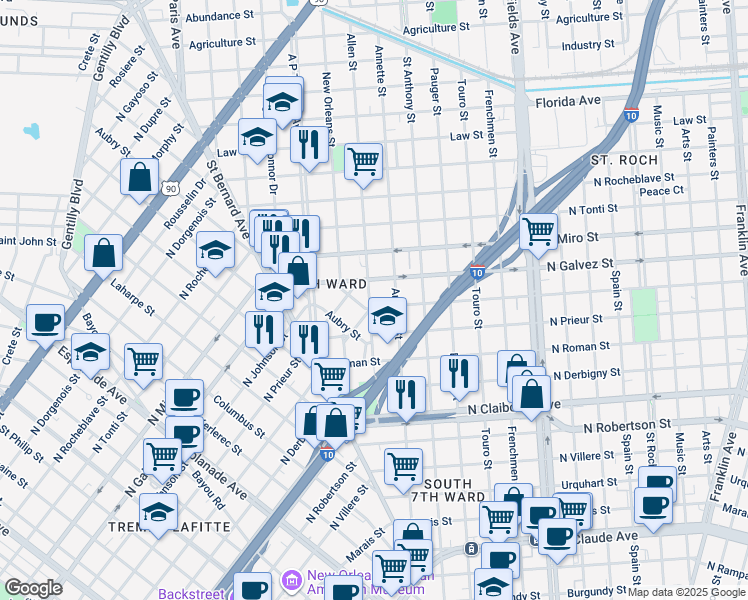 map of restaurants, bars, coffee shops, grocery stores, and more near 1803 North Johnson Street in New Orleans