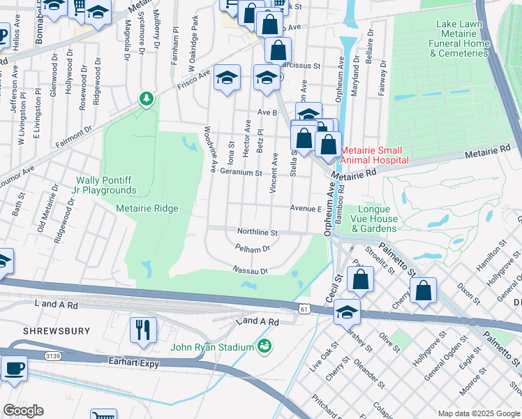map of restaurants, bars, coffee shops, grocery stores, and more near 403 Vincent Avenue in Metairie