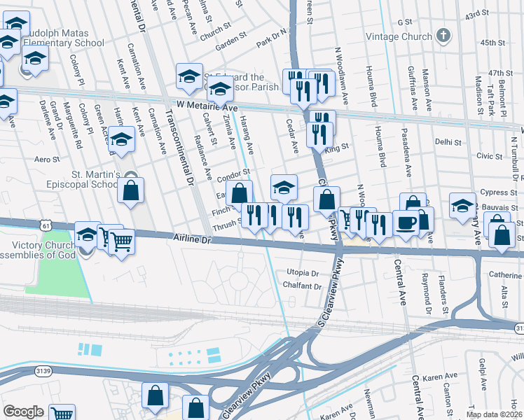 map of restaurants, bars, coffee shops, grocery stores, and more near 304 Harang Avenue in Metairie