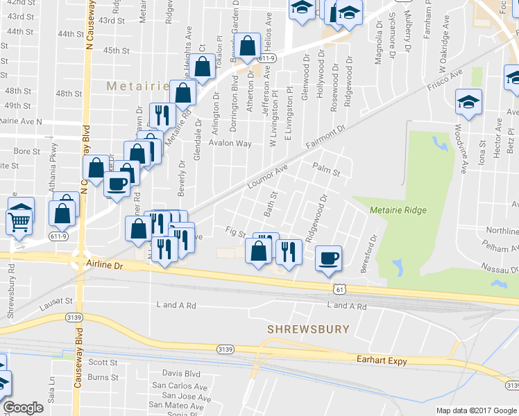 map of restaurants, bars, coffee shops, grocery stores, and more near 605 Jefferson Avenue in Metairie
