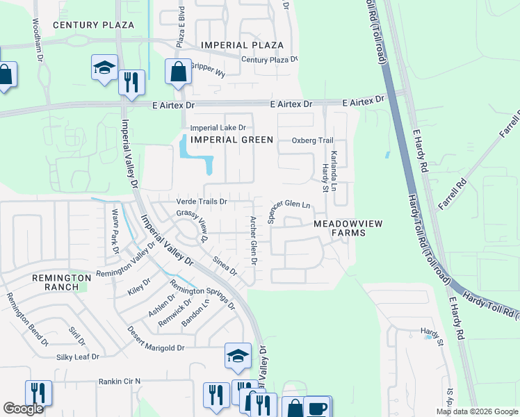 map of restaurants, bars, coffee shops, grocery stores, and more near 19631 Kingston Green Lane in Houston