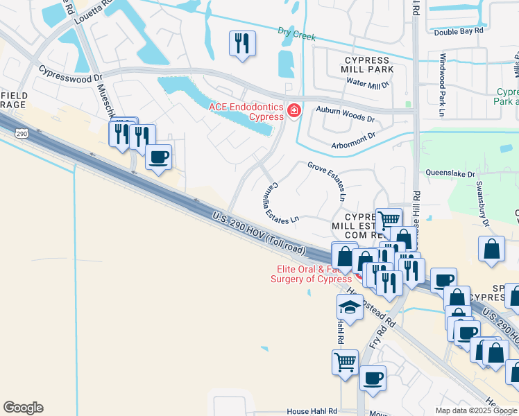 map of restaurants, bars, coffee shops, grocery stores, and more near 18427 Camellia Estates Lane in Cypress