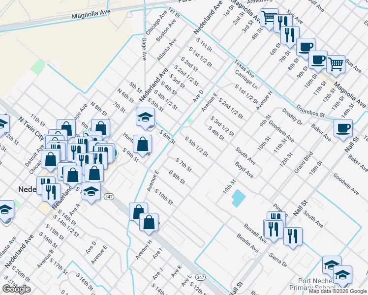 map of restaurants, bars, coffee shops, grocery stores, and more near 607 South 6th Street in Nederland