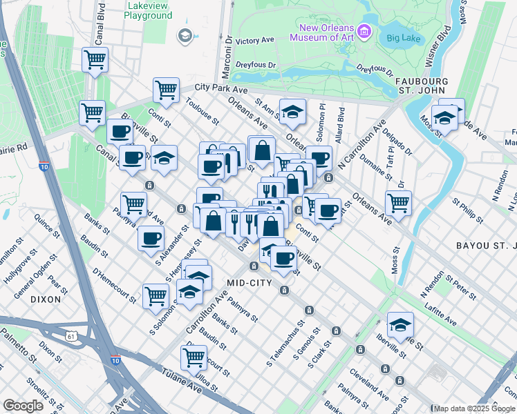 map of restaurants, bars, coffee shops, grocery stores, and more near 4141 Bienville Street in New Orleans
