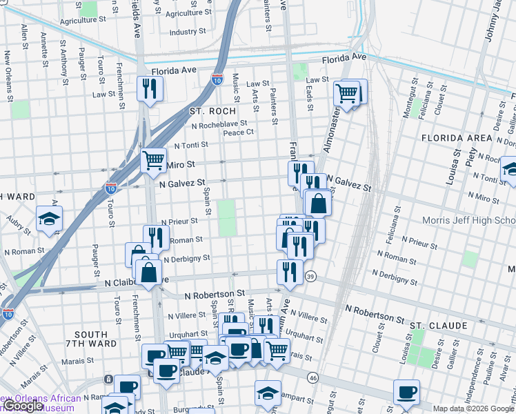 map of restaurants, bars, coffee shops, grocery stores, and more near 1924 Arts St in New Orleans