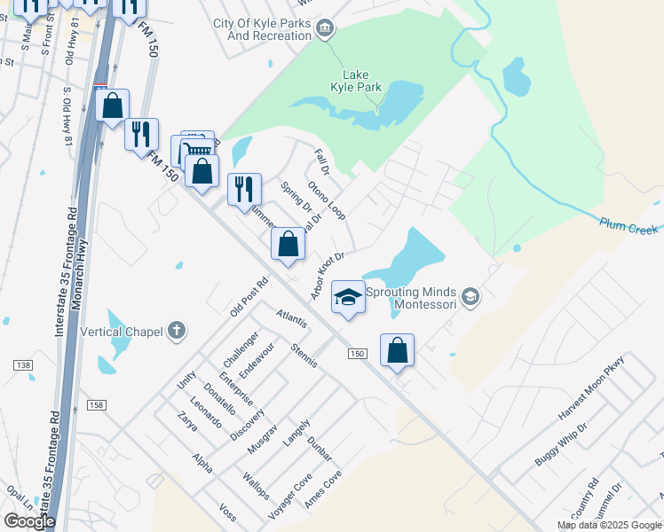 map of restaurants, bars, coffee shops, grocery stores, and more near 1150 Arbor Knot Drive in Kyle