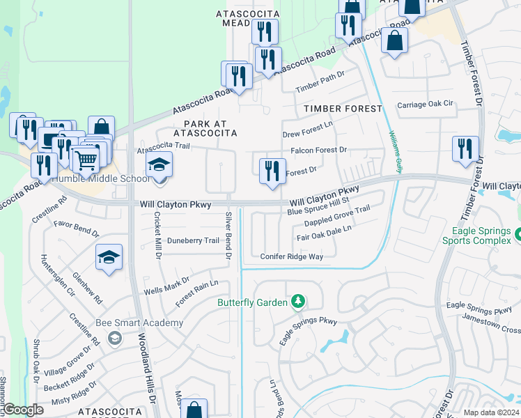 map of restaurants, bars, coffee shops, grocery stores, and more near 4719 Blue Spruce Hill Street in Humble