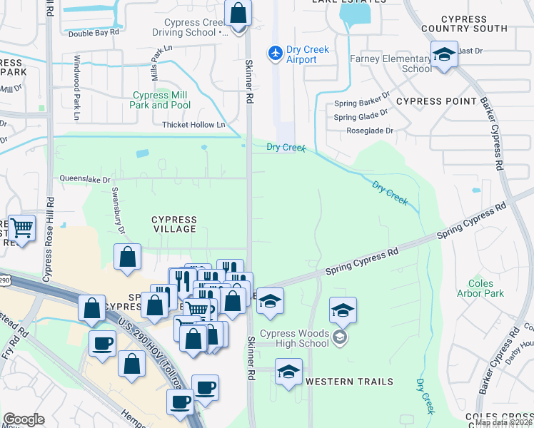 map of restaurants, bars, coffee shops, grocery stores, and more near 13950 Skinner Road in Cypress