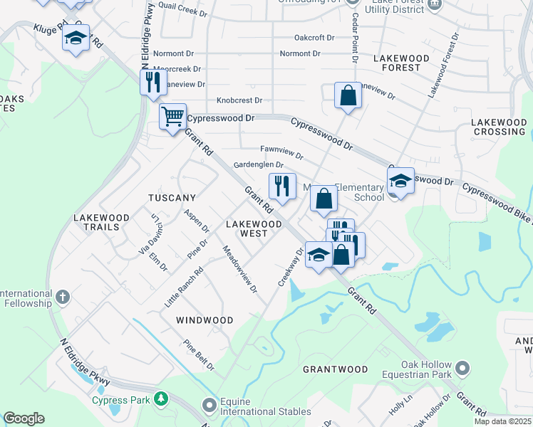 map of restaurants, bars, coffee shops, grocery stores, and more near 11918 Lakewood West Drive in Cypress