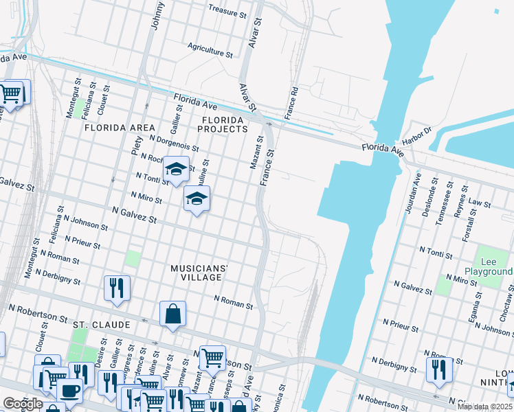 map of restaurants, bars, coffee shops, grocery stores, and more near North Tonti Street in New Orleans