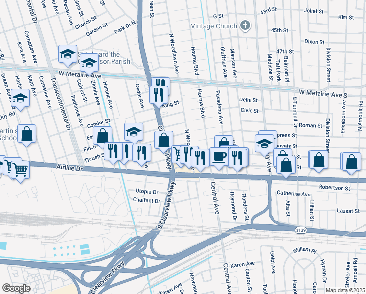 map of restaurants, bars, coffee shops, grocery stores, and more near 4416 Calumet Street in Metairie