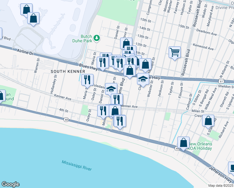 map of restaurants, bars, coffee shops, grocery stores, and more near 613 Williams Boulevard in Kenner