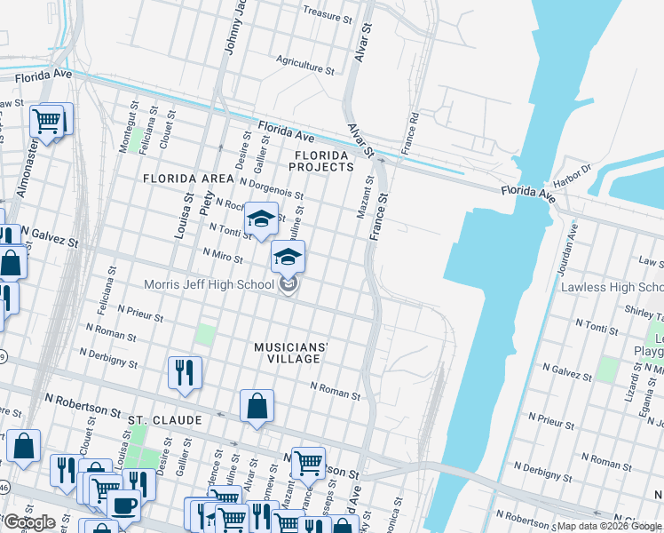 map of restaurants, bars, coffee shops, grocery stores, and more near 2229 Bartholomew Street in New Orleans