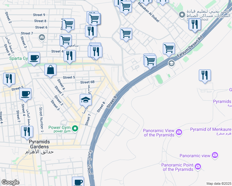 map of restaurants, bars, coffee shops, grocery stores, and more near Street 1 in Al Haram