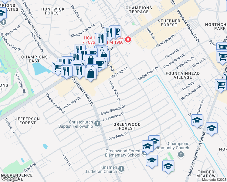 map of restaurants, bars, coffee shops, grocery stores, and more near 12611 Misty Valley Drive in Houston