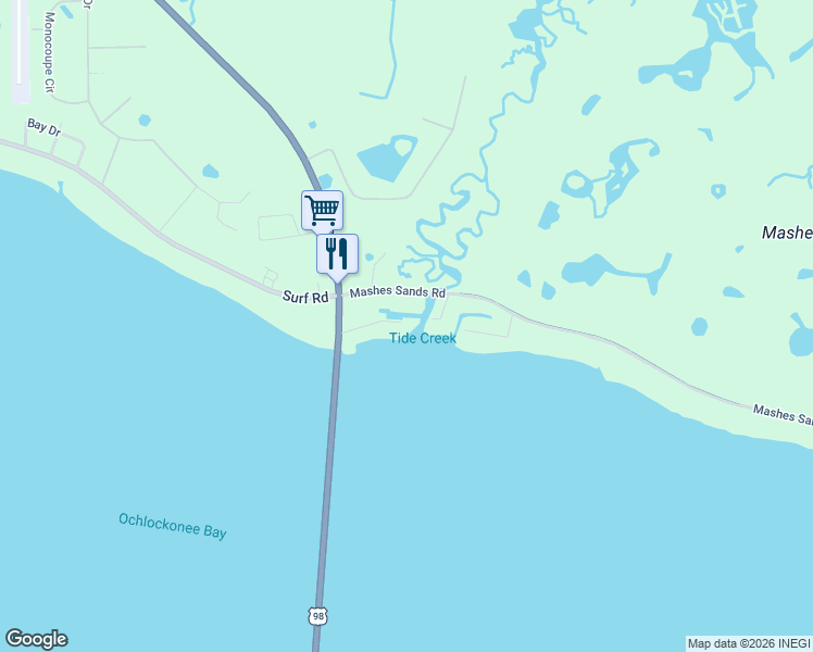 map of restaurants, bars, coffee shops, grocery stores, and more near 19F8 Mashes Sands Road in Panacea