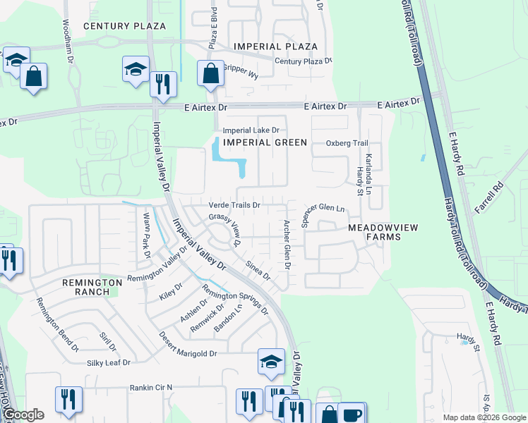 map of restaurants, bars, coffee shops, grocery stores, and more near 1206 Verde Trails Drive in Houston