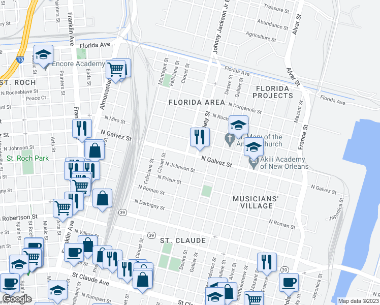 map of restaurants, bars, coffee shops, grocery stores, and more near 3201 North Galvez Street in New Orleans