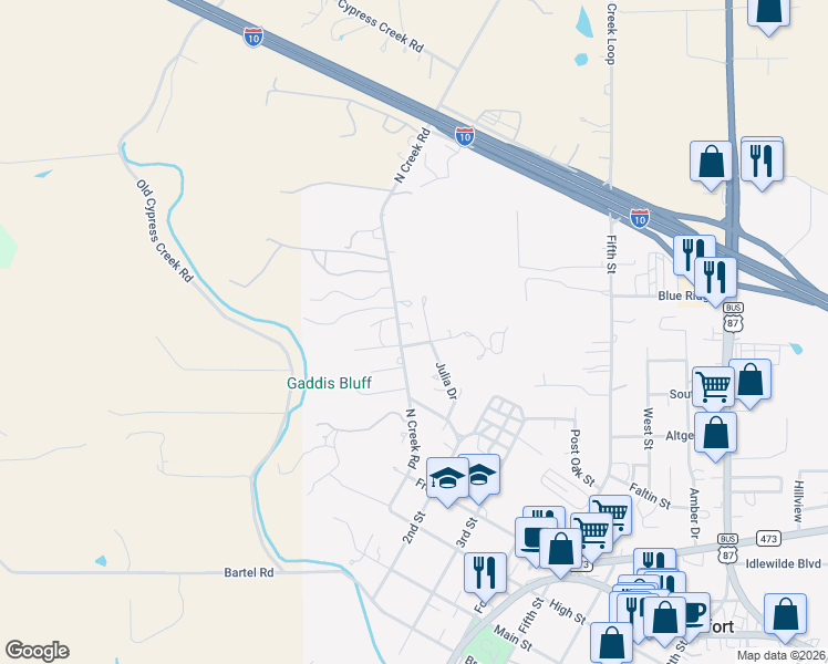 map of restaurants, bars, coffee shops, grocery stores, and more near 116 Shirley Drive in Comfort