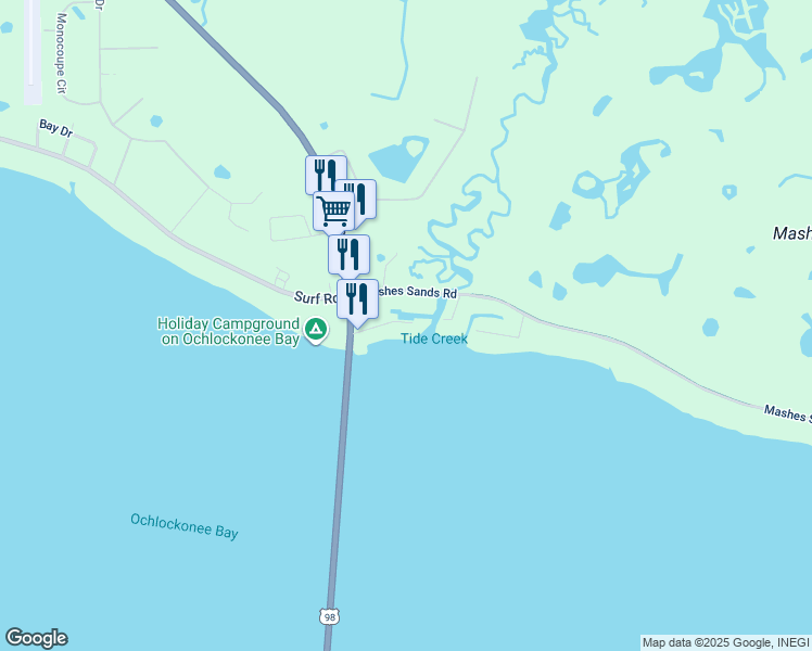 map of restaurants, bars, coffee shops, grocery stores, and more near 19F8 Mashes Sands Road in Panacea
