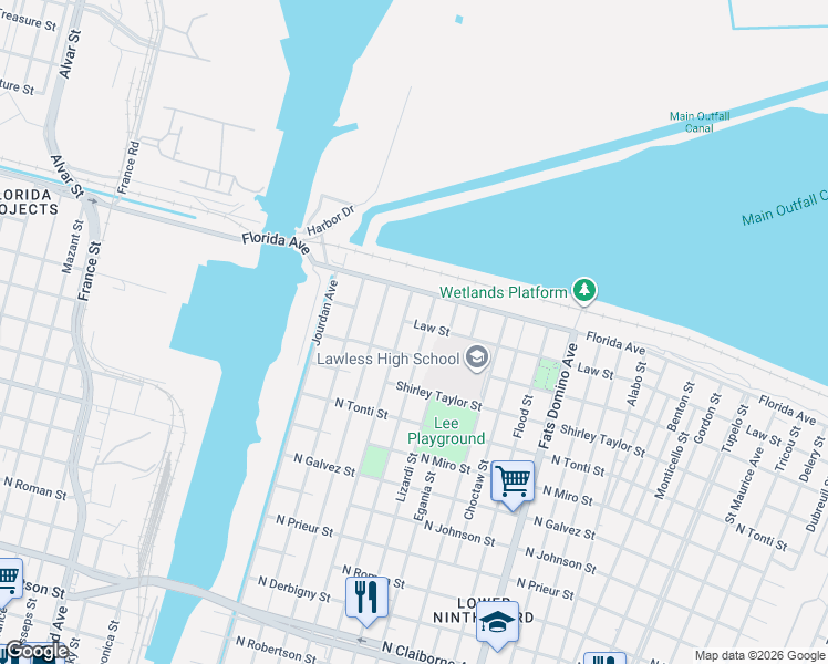 map of restaurants, bars, coffee shops, grocery stores, and more near 2530 Forstall Street in New Orleans