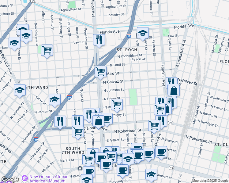 map of restaurants, bars, coffee shops, grocery stores, and more near 2262 North Johnson Street in New Orleans