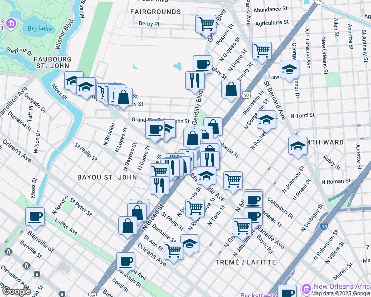 map of restaurants, bars, coffee shops, grocery stores, and more near 2628 Lepage Street in New Orleans